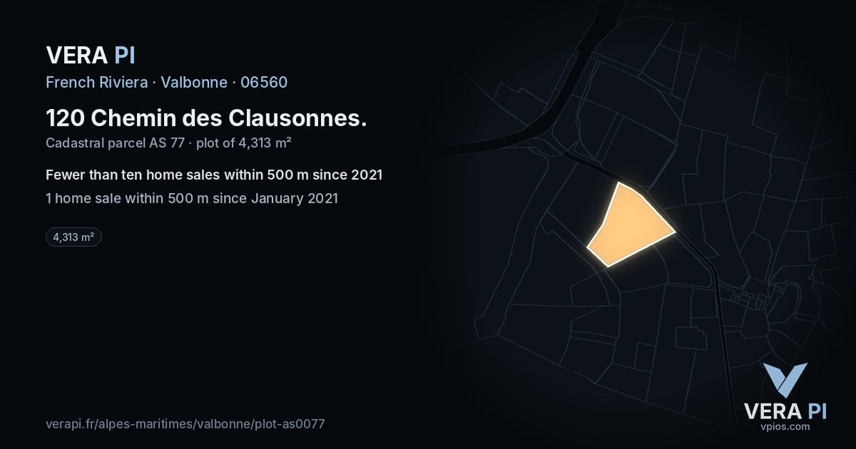 120 Chemin des Clausonnes, Valbonne at night – the plot lit, the parcels around coloured by the prices near them