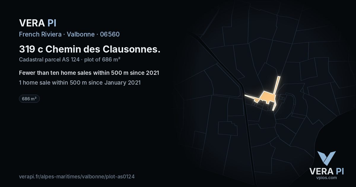 319 c Chemin des Clausonnes, Valbonne at night – the plot lit, the parcels around coloured by the prices near them