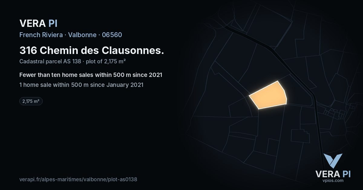 316 Chemin des Clausonnes, Valbonne at night – the plot lit, the parcels around coloured by the prices near them