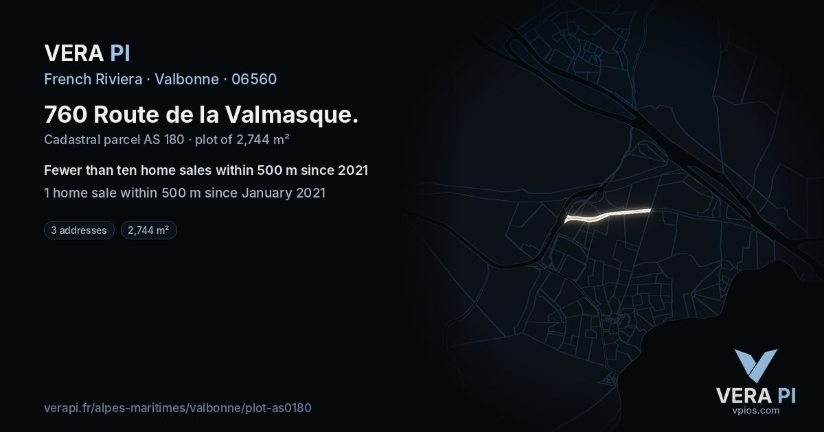 760 Route de la Valmasque, Valbonne at night – the plot lit, the parcels around coloured by the prices near them