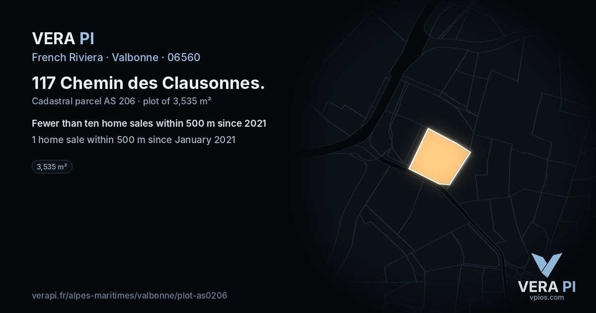 117 Chemin des Clausonnes, Valbonne at night – the plot lit, the parcels around coloured by the prices near them