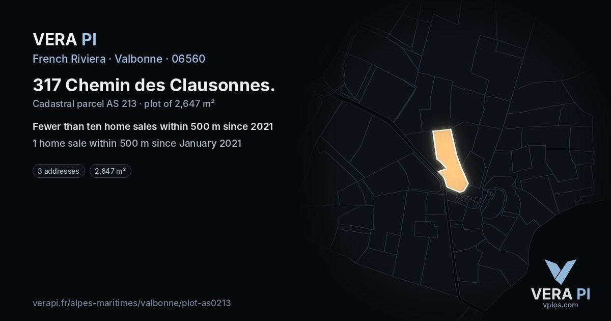 317 Chemin des Clausonnes, Valbonne at night – the plot lit, the parcels around coloured by the prices near them