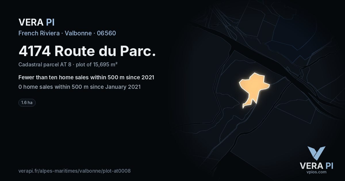 4174 Route du Parc, Valbonne at night – the plot lit, the parcels around coloured by the prices near them