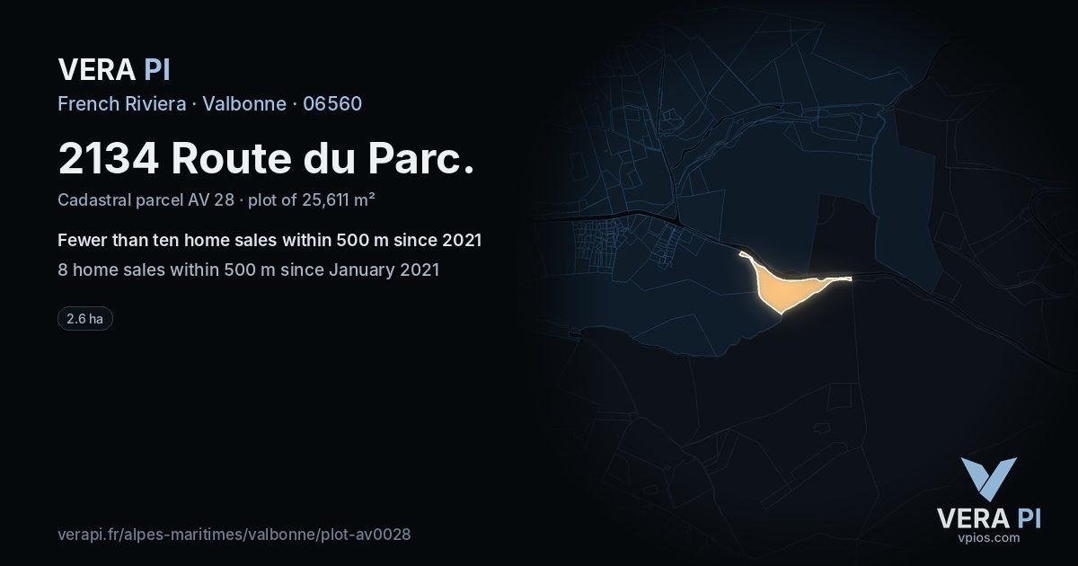 2134 Route du Parc, Valbonne at night – the plot lit, the parcels around coloured by the prices near them