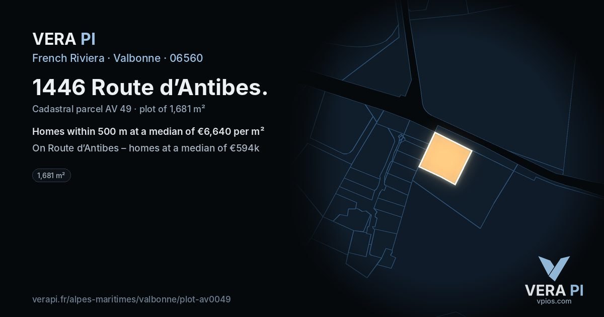 1446 Route d’Antibes, Valbonne at night – the plot lit, the parcels around coloured by the prices near them