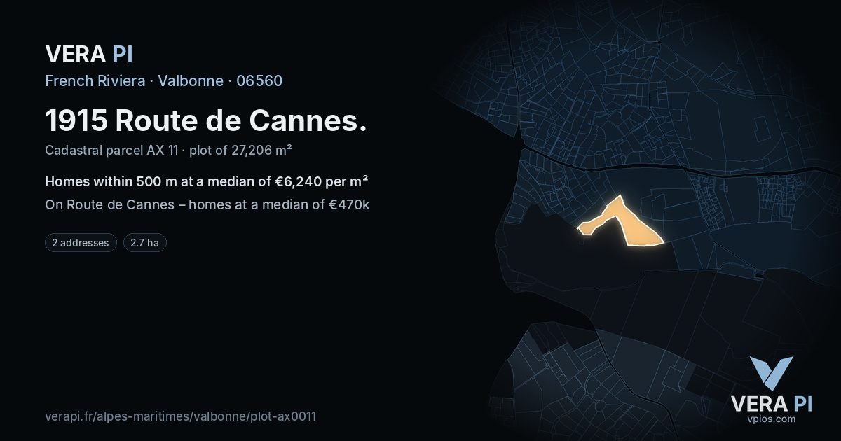 1915 Route de Cannes, Valbonne at night – the plot lit, the parcels around coloured by the prices near them