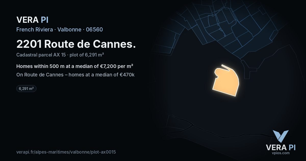 2201 Route de Cannes, Valbonne at night – the plot lit, the parcels around coloured by the prices near them