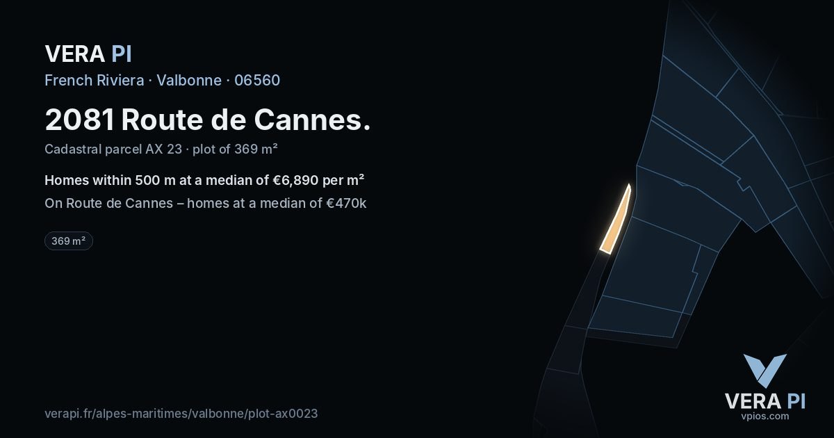 2081 Route de Cannes, Valbonne at night – the plot lit, the parcels around coloured by the prices near them