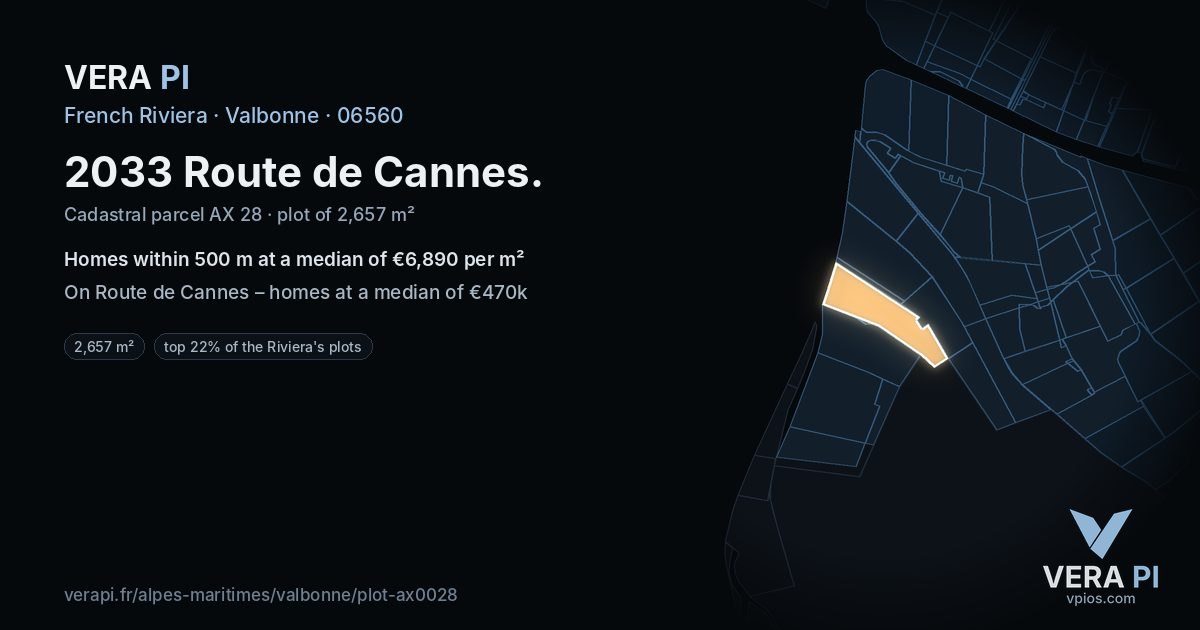 2033 Route de Cannes, Valbonne at night – the plot lit, the parcels around coloured by the prices near them