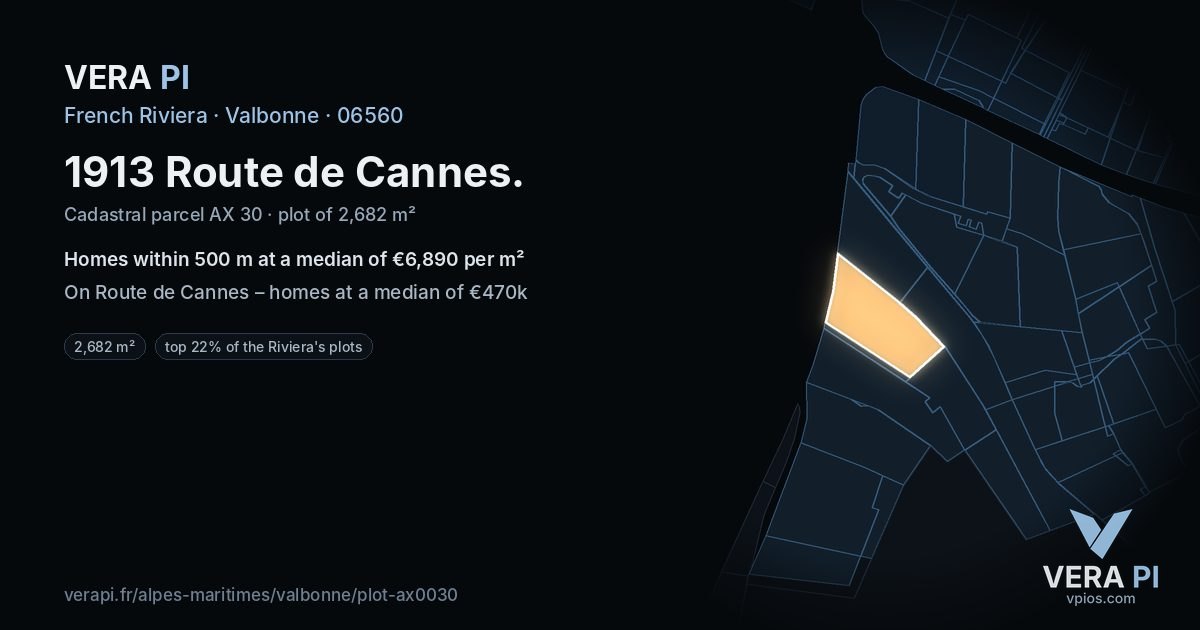 1913 Route de Cannes, Valbonne at night – the plot lit, the parcels around coloured by the prices near them