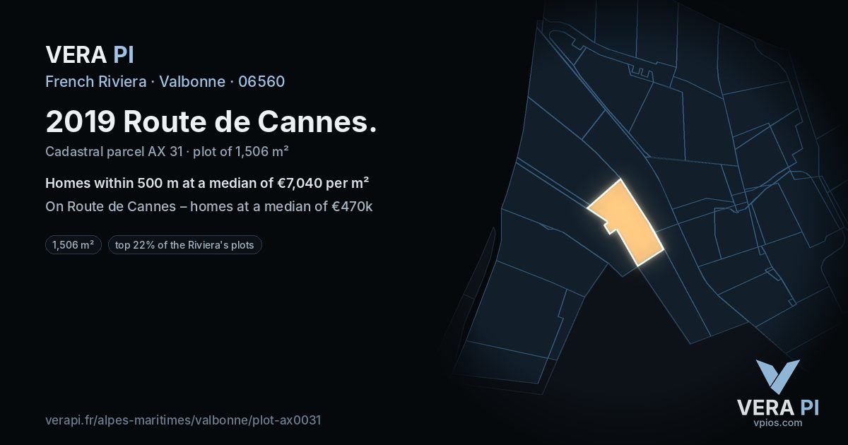 2019 Route de Cannes, Valbonne at night – the plot lit, the parcels around coloured by the prices near them