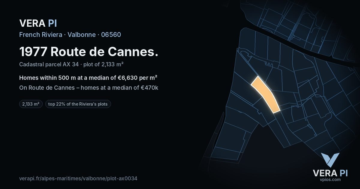 1977 Route de Cannes, Valbonne at night – the plot lit, the parcels around coloured by the prices near them