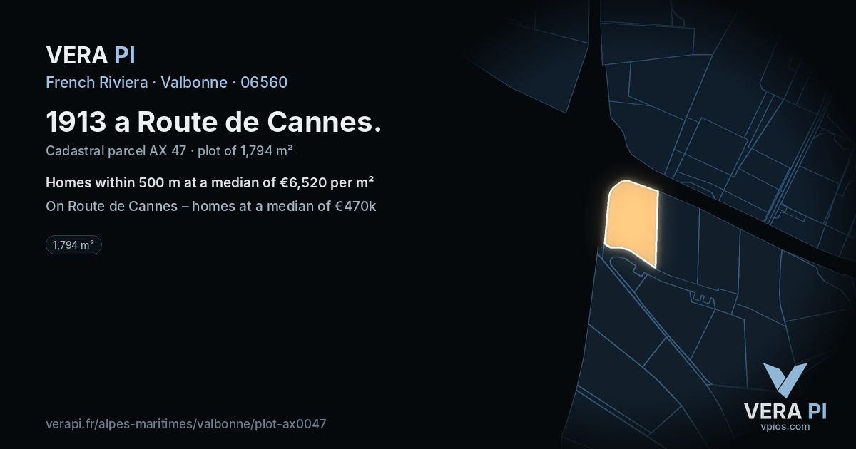 1913 a Route de Cannes, Valbonne at night – the plot lit, the parcels around coloured by the prices near them