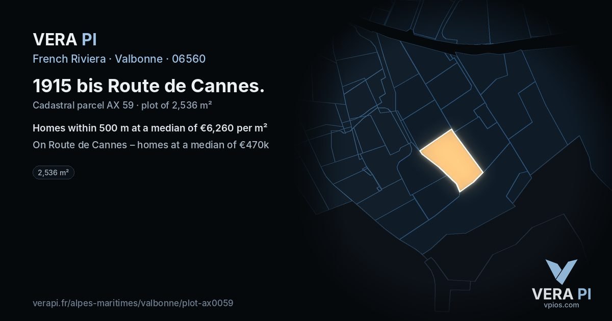 1915 bis Route de Cannes, Valbonne at night – the plot lit, the parcels around coloured by the prices near them