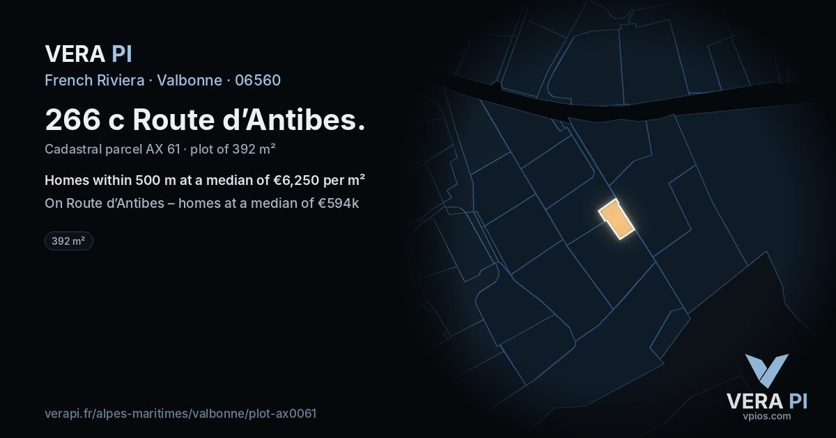 266 c Route d’Antibes, Valbonne at night – the plot lit, the parcels around coloured by the prices near them