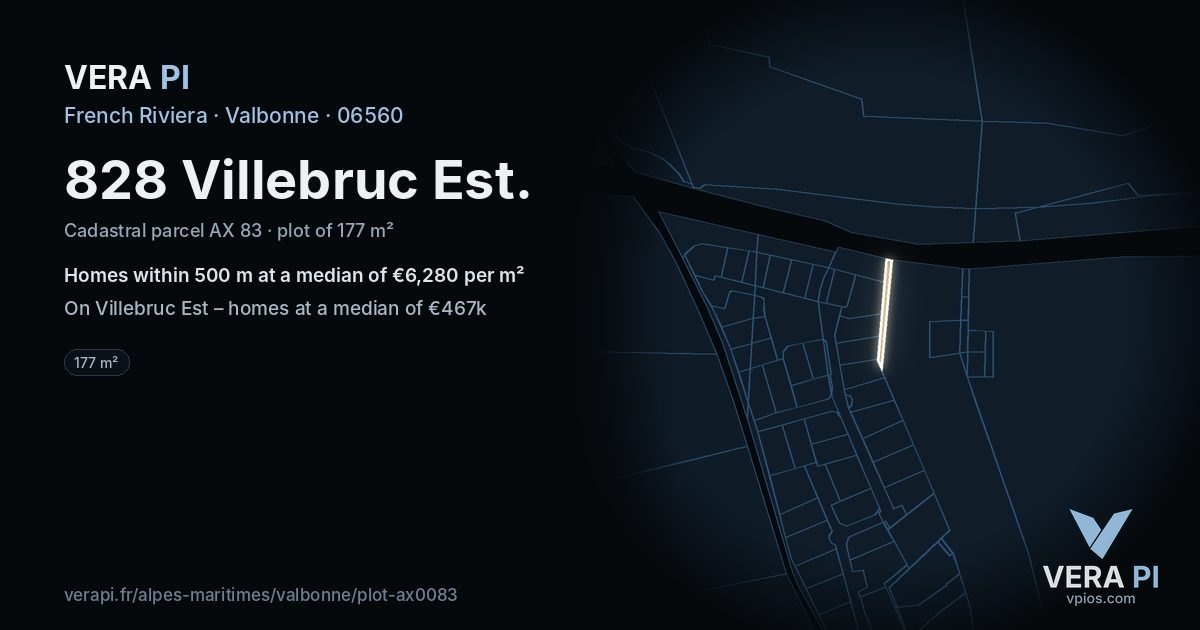 828 Villebruc Est, Valbonne at night – the plot lit, the parcels around coloured by the prices near them