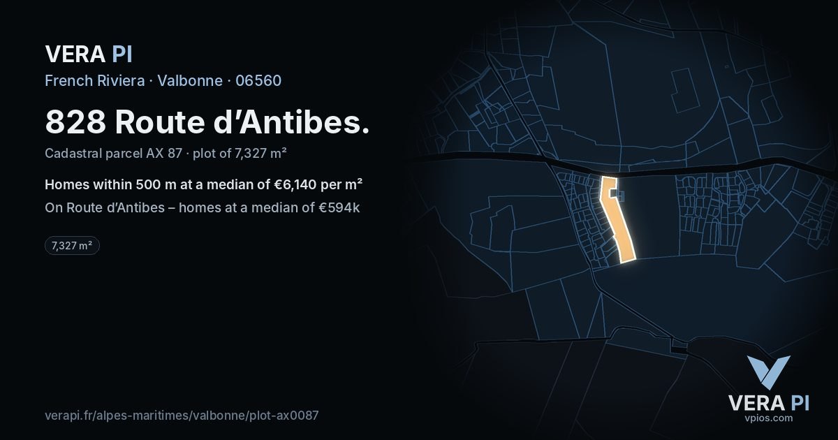 828 Route d’Antibes, Valbonne at night – the plot lit, the parcels around coloured by the prices near them