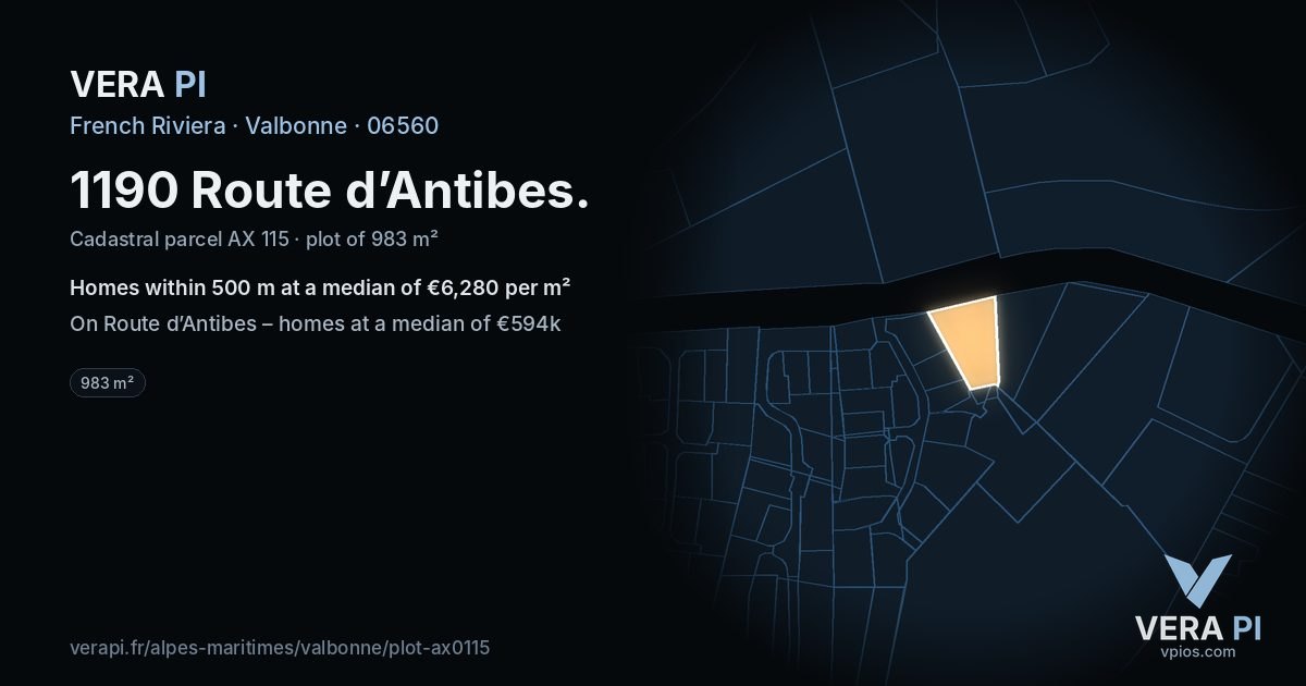 1190 Route d’Antibes, Valbonne at night – the plot lit, the parcels around coloured by the prices near them