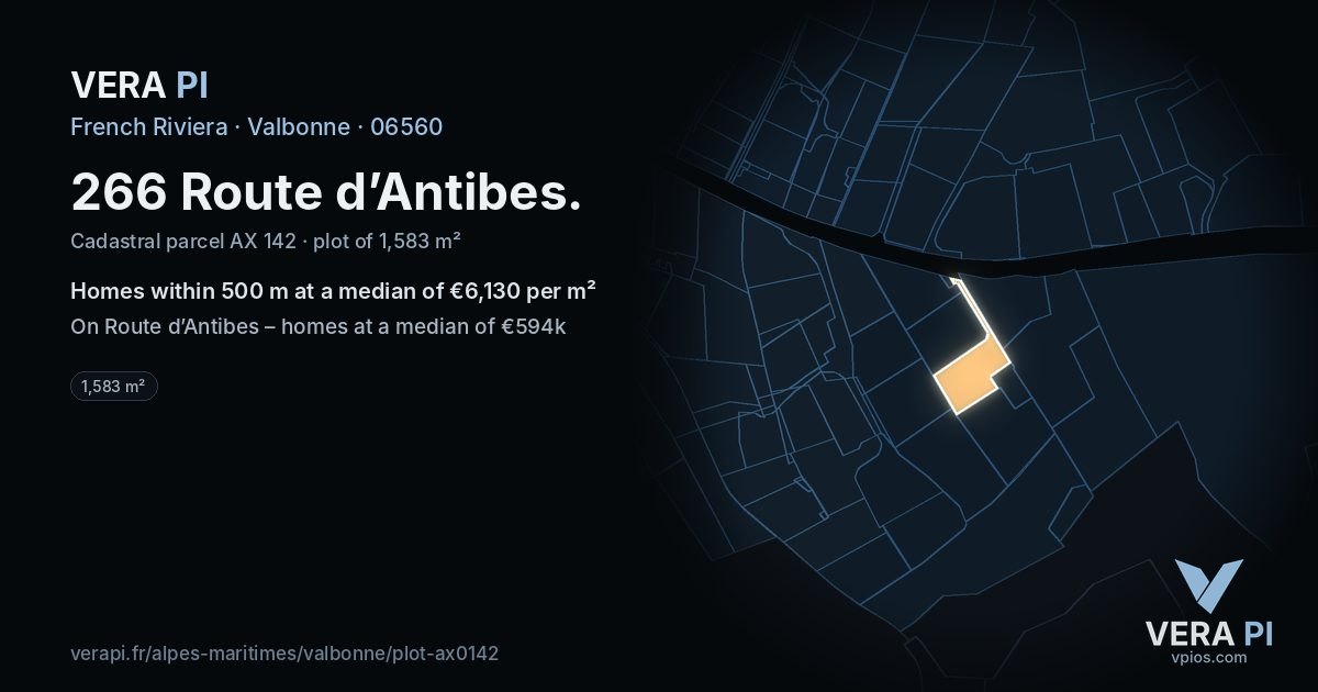 266 Route d’Antibes, Valbonne at night – the plot lit, the parcels around coloured by the prices near them