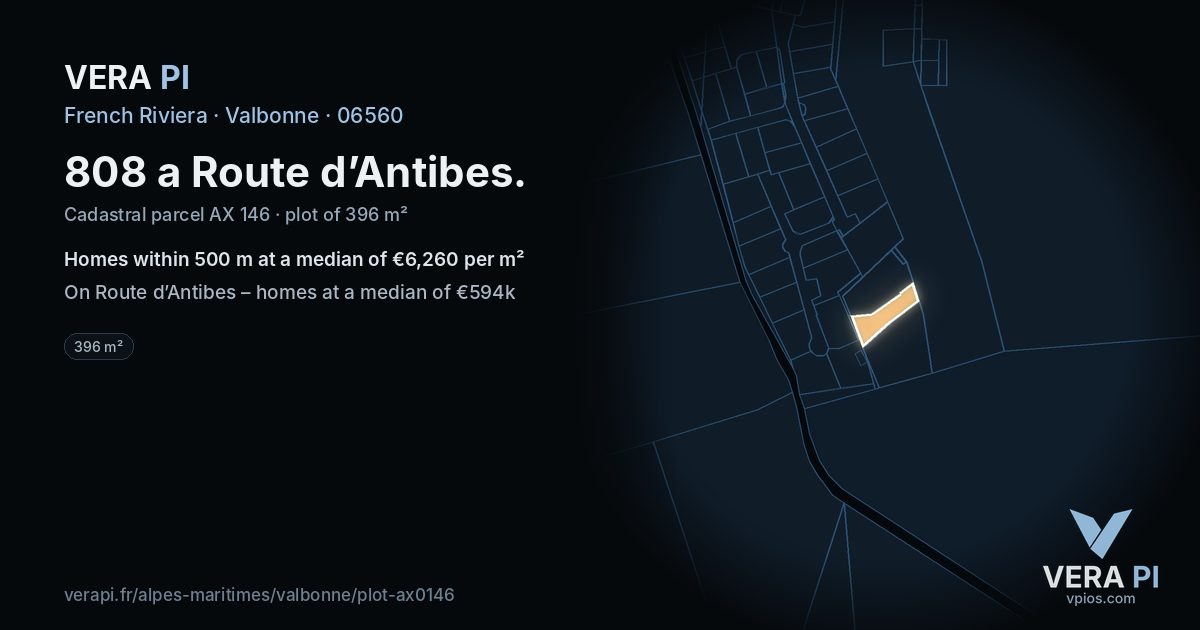 808 a Route d’Antibes, Valbonne at night – the plot lit, the parcels around coloured by the prices near them