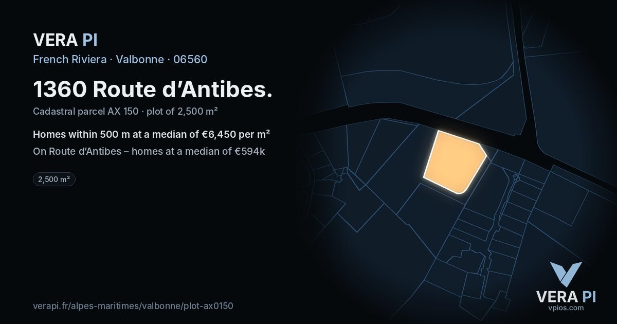 1360 Route d’Antibes, Valbonne at night – the plot lit, the parcels around coloured by the prices near them