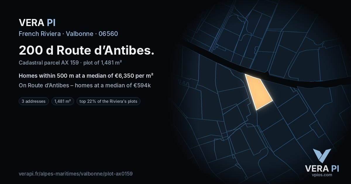 200 d Route d’Antibes, Valbonne at night – the plot lit, the parcels around coloured by the prices near them