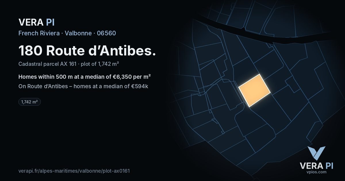 180 Route d’Antibes, Valbonne at night – the plot lit, the parcels around coloured by the prices near them