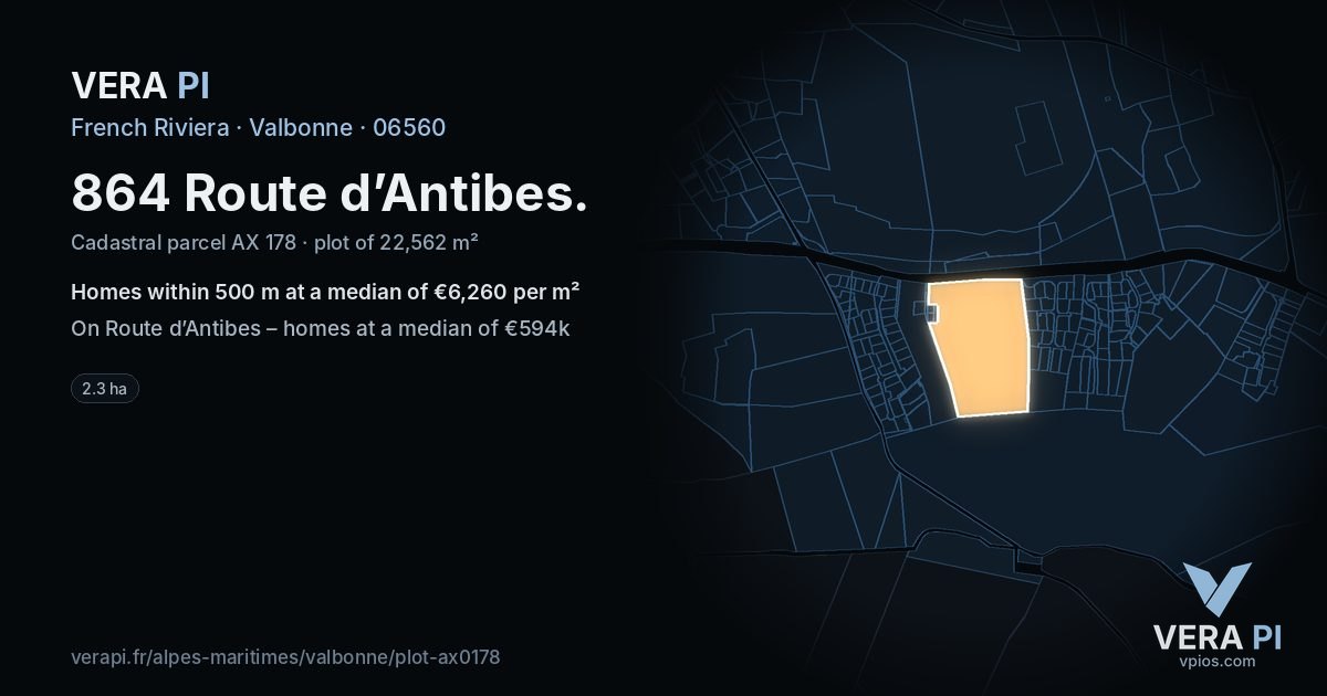 864 Route d’Antibes, Valbonne at night – the plot lit, the parcels around coloured by the prices near them