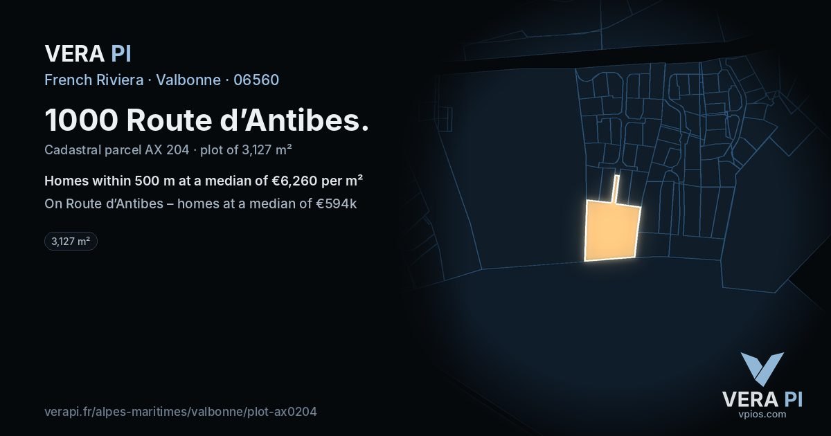 1000 Route d’Antibes, Valbonne at night – the plot lit, the parcels around coloured by the prices near them