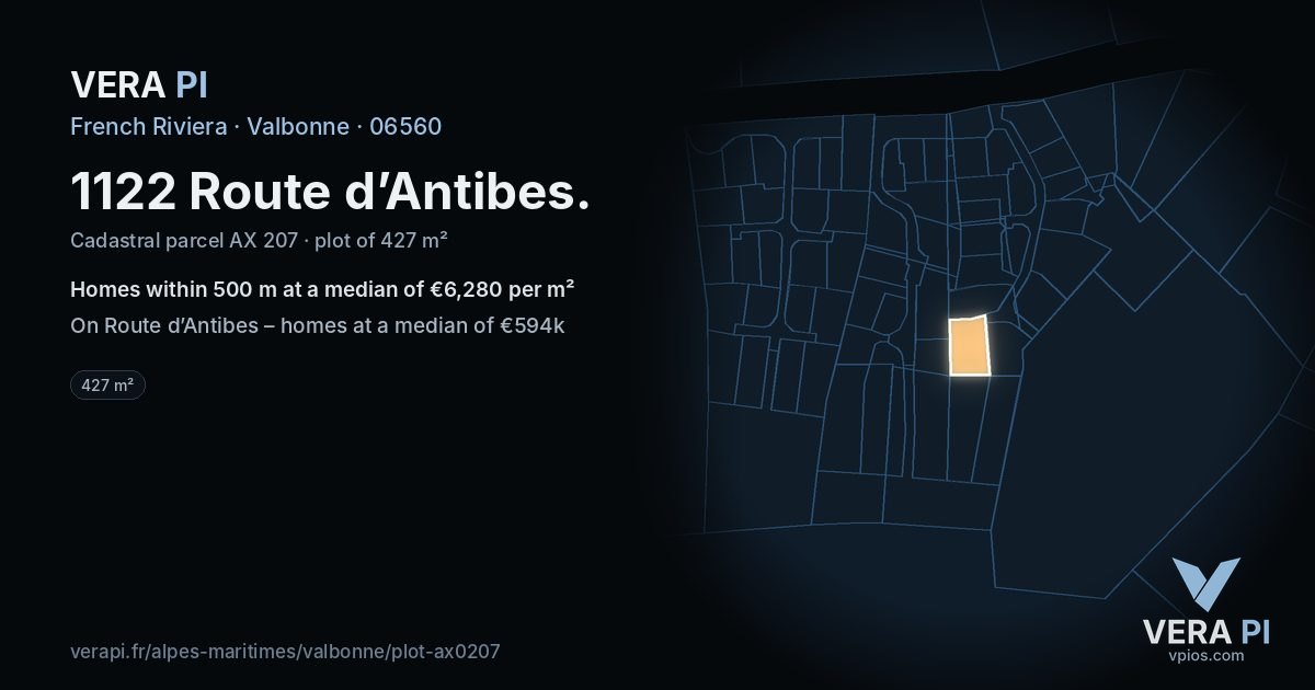 1122 Route d’Antibes, Valbonne at night – the plot lit, the parcels around coloured by the prices near them