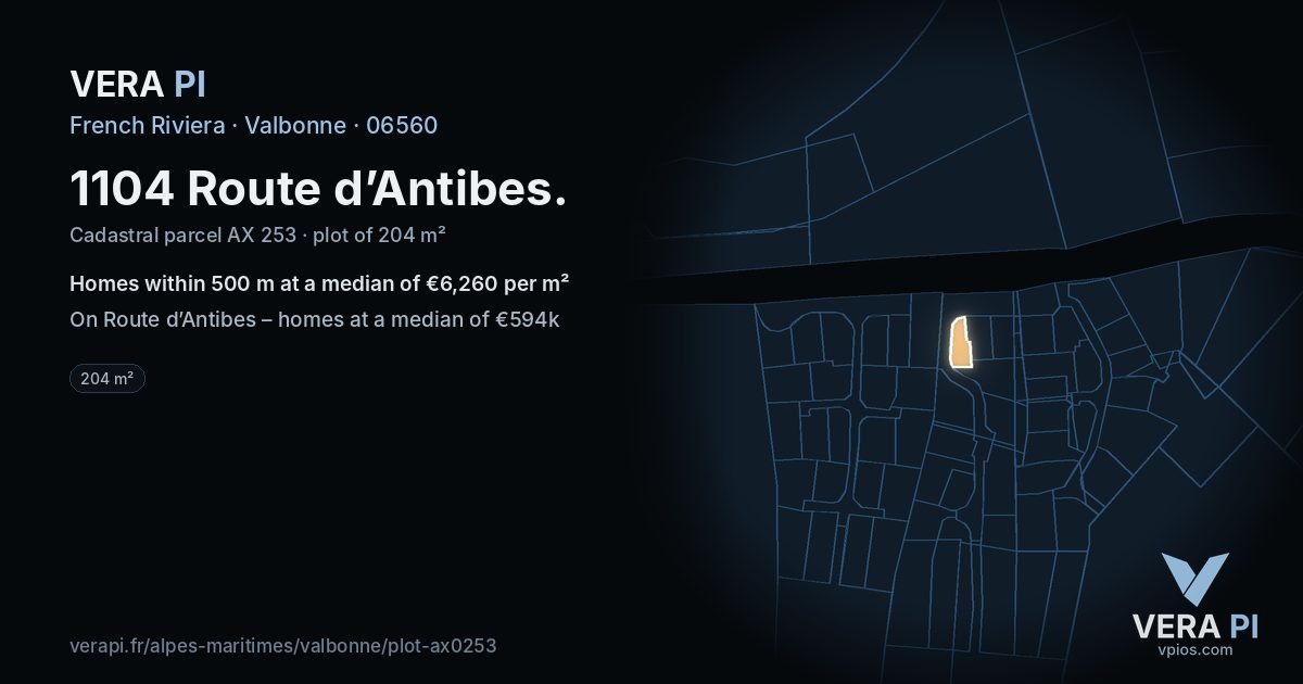1104 Route d’Antibes, Valbonne at night – the plot lit, the parcels around coloured by the prices near them