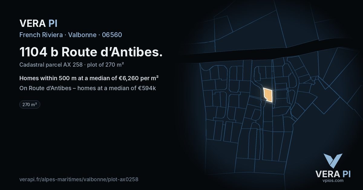 1104 b Route d’Antibes, Valbonne at night – the plot lit, the parcels around coloured by the prices near them