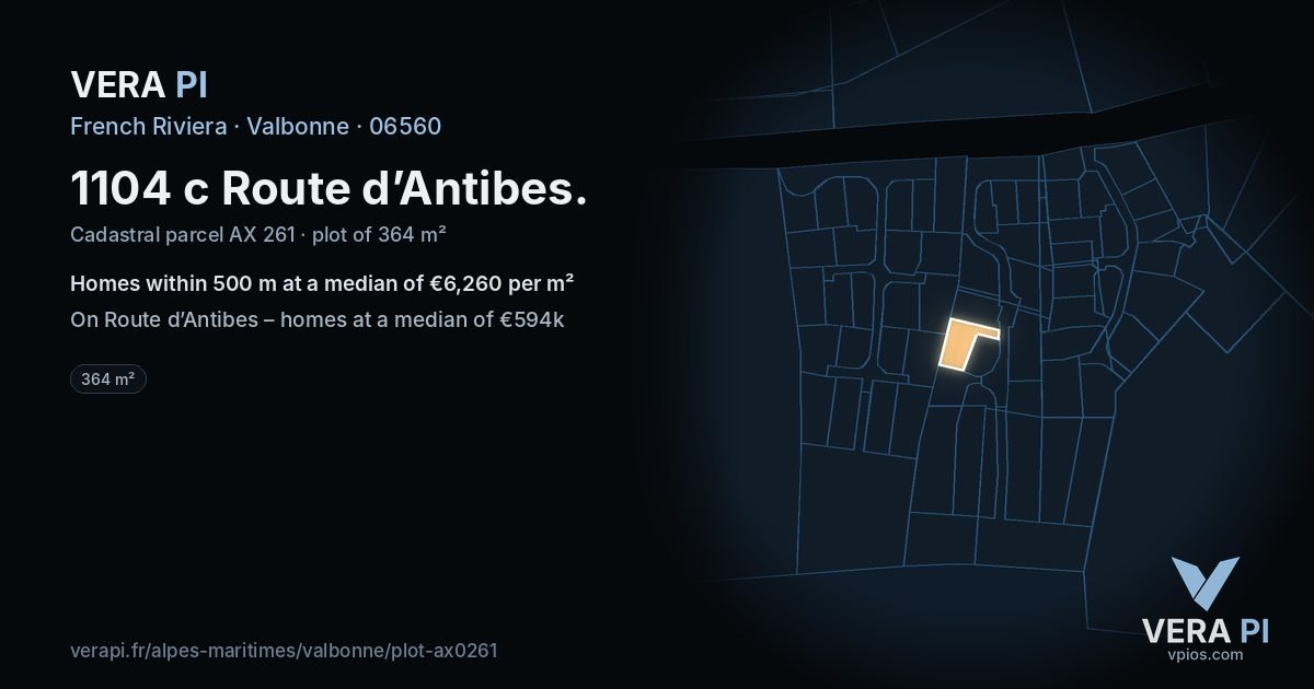 1104 c Route d’Antibes, Valbonne at night – the plot lit, the parcels around coloured by the prices near them