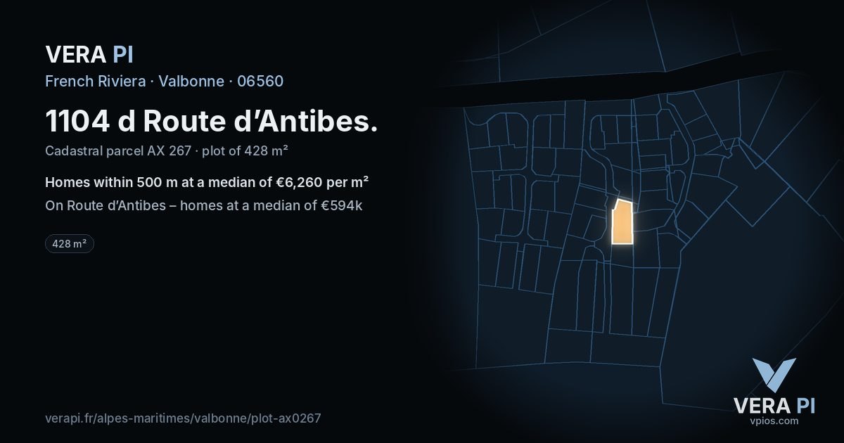 1104 d Route d’Antibes, Valbonne at night – the plot lit, the parcels around coloured by the prices near them
