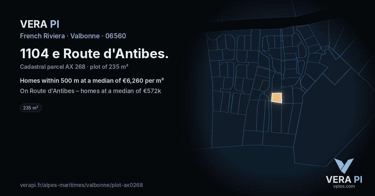 1104 e Route d'Antibes, Valbonne at night – the plot lit, the parcels around coloured by the prices near them