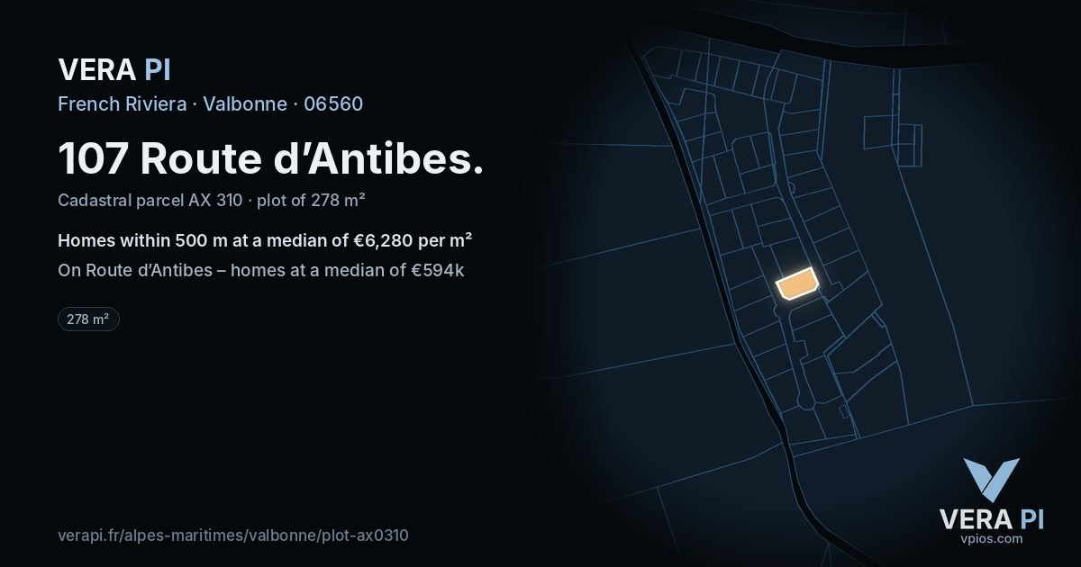 107 Route d’Antibes, Valbonne at night – the plot lit, the parcels around coloured by the prices near them