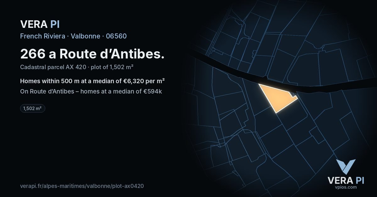 266 a Route d’Antibes, Valbonne at night – the plot lit, the parcels around coloured by the prices near them