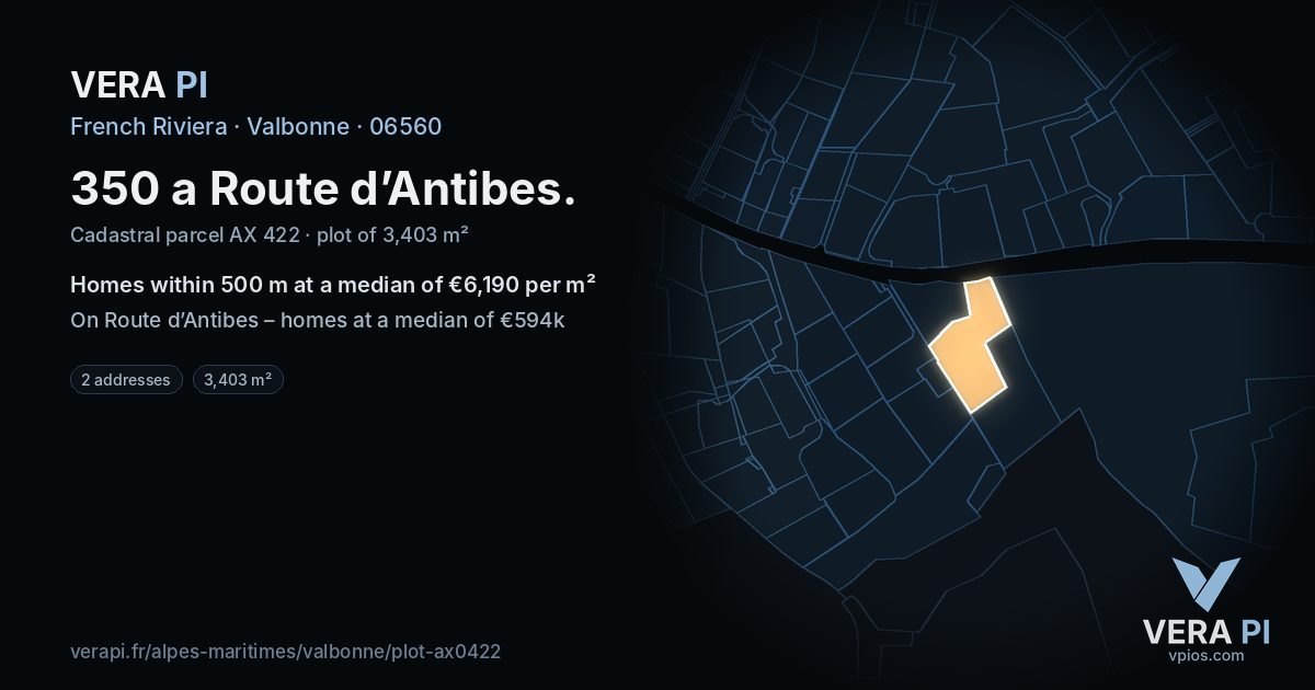 350 a Route d’Antibes, Valbonne at night – the plot lit, the parcels around coloured by the prices near them