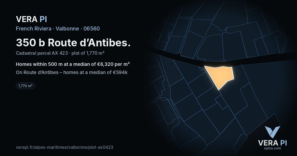 350 b Route d’Antibes, Valbonne at night – the plot lit, the parcels around coloured by the prices near them
