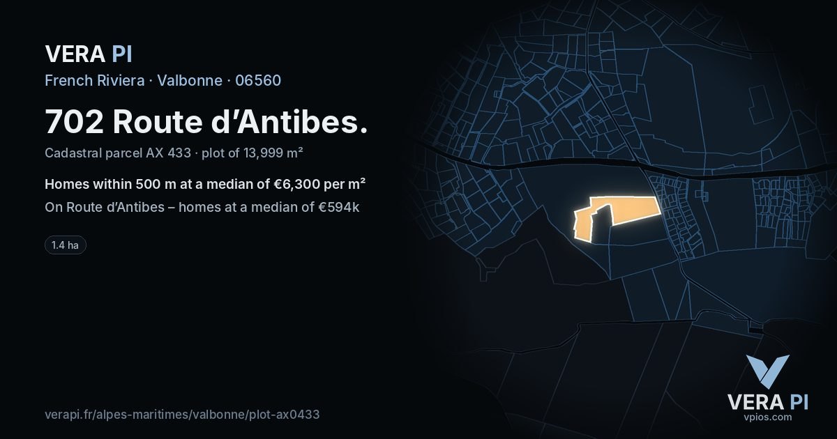 702 Route d’Antibes, Valbonne at night – the plot lit, the parcels around coloured by the prices near them