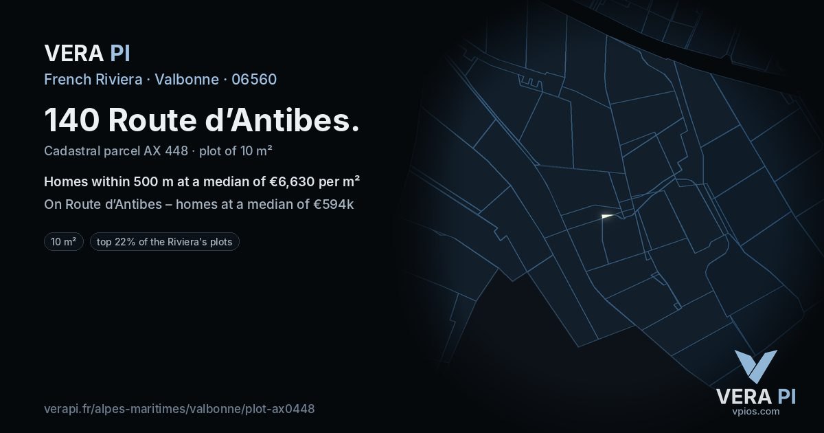 140 Route d’Antibes, Valbonne at night – the plot lit, the parcels around coloured by the prices near them