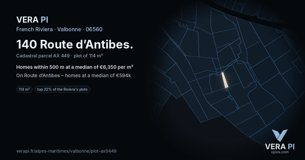 140 Route d’Antibes, Valbonne at night – the plot lit, the parcels around coloured by the prices near them