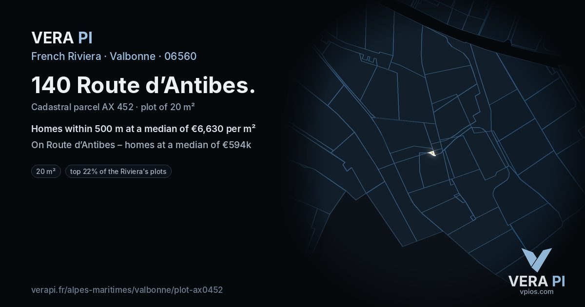 140 Route d’Antibes, Valbonne at night – the plot lit, the parcels around coloured by the prices near them