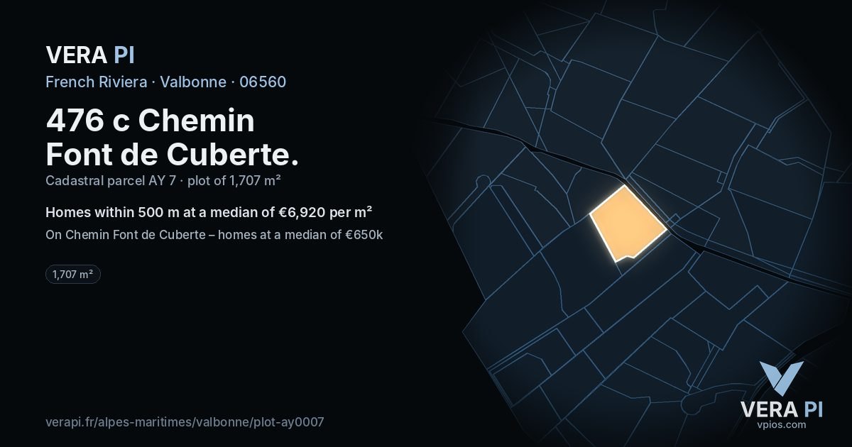 476 c Chemin Font de Cuberte, Valbonne at night – the plot lit, the parcels around coloured by the prices near them