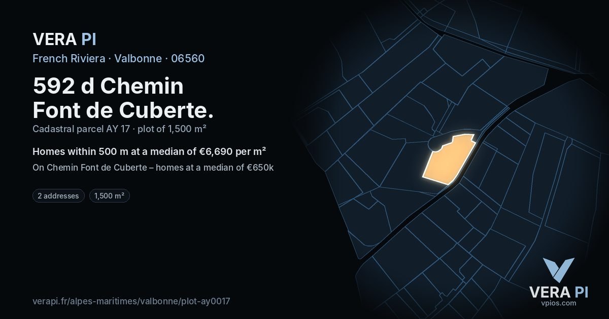 592 d Chemin Font de Cuberte, Valbonne at night – the plot lit, the parcels around coloured by the prices near them