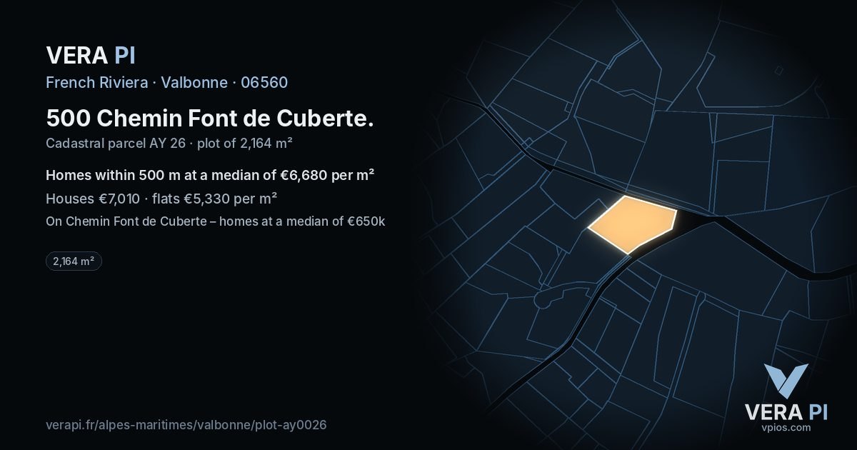 500 Chemin Font de Cuberte, Valbonne at night – the plot lit, the parcels around coloured by the prices near them