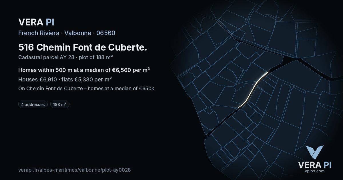 516 Chemin Font de Cuberte, Valbonne at night – the plot lit, the parcels around coloured by the prices near them