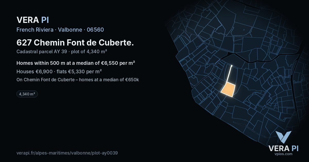 627 Chemin Font de Cuberte, Valbonne at night – the plot lit, the parcels around coloured by the prices near them
