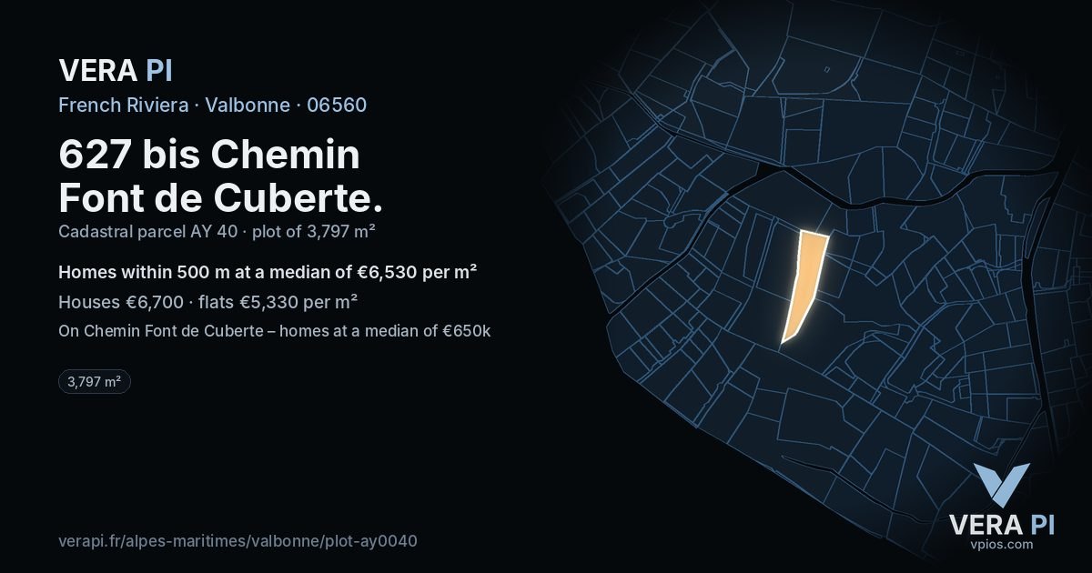 627 bis Chemin Font de Cuberte, Valbonne at night – the plot lit, the parcels around coloured by the prices near them
