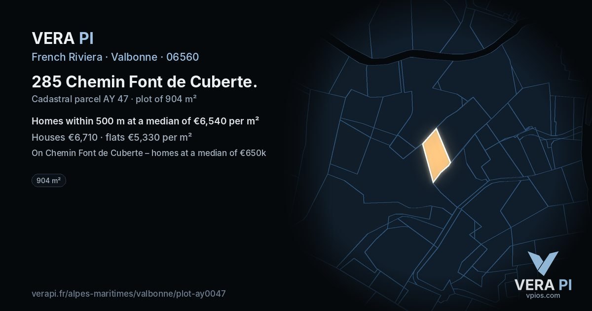 285 Chemin Font de Cuberte, Valbonne at night – the plot lit, the parcels around coloured by the prices near them